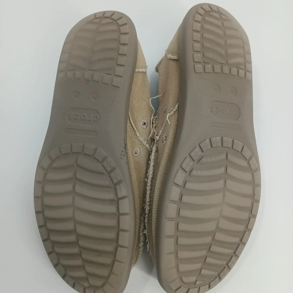 Crocs Santa Cruz Mens Khaki Tan Canvas Frayed Slip On Loafers Shoes Size 11